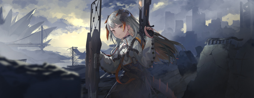 1girl absurdres arknights broken_bridge building cloud cloudy_sky commentary dragon_girl dragon_horns dragon_tail earrings gun highres holding holding_gun holding_shield holding_weapon horns jewelry long_hair long_sleeves looking_at_viewer metsurin nail_polish orange_nails outdoors red_eyes ruins saria_(arknights) shield silver_hair sky solo tail weapon