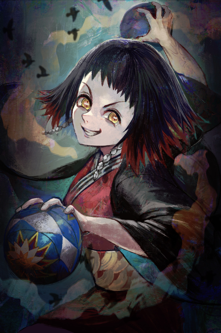 1girl ball bird black_hair earrings highres holding holding_ball japanese_clothes jewelry kimetsu_no_yaiba kimono making-of_available matcho multicolored_hair orange_hair parted_lips short_hair smile solo susamaru_(kimetsu_no_yaiba) temari_ball two-tone_hair upper_body veins yellow_eyes