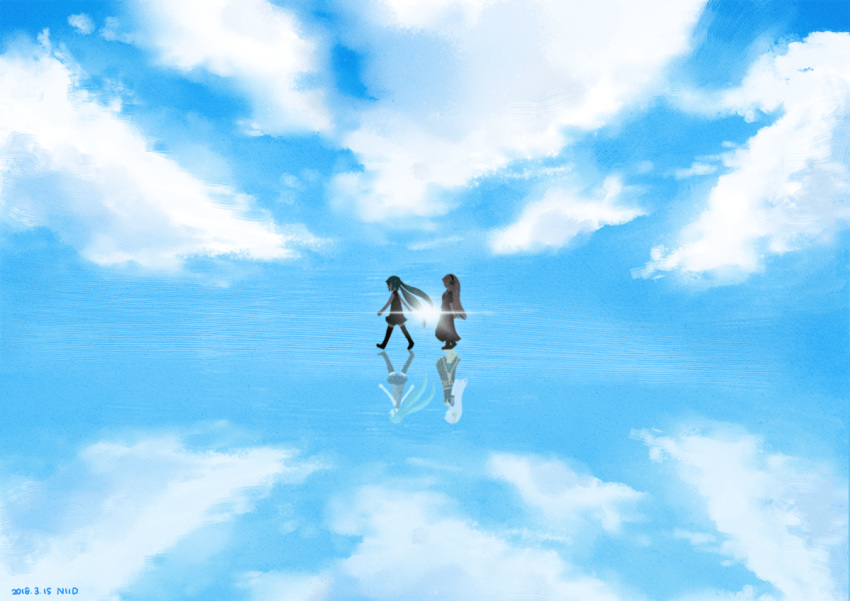 2girls aqua_hair arms_behind_back backlighting bare_shoulders black_legwear black_shirt black_skirt blue_sky cloud commentary day grey_shirt hairband hatsune_miku long_hair long_skirt megurine_luka multiple_girls niidonroad pink_hair reflection scenery shirt side_slit skirt sky sleeveless sleeveless_shirt sun thighhighs twintails very_long_hair vocaloid walking walking_on_liquid zettai_ryouiki