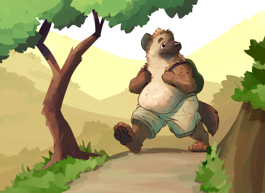 anthro backpack belly belly_overhang clothed clothing fur hyaenid lotic male mammal outside overweight overweight_male solo spots spotted_body spotted_fur spotted_hyena tan_body tan_fur topless tree walking