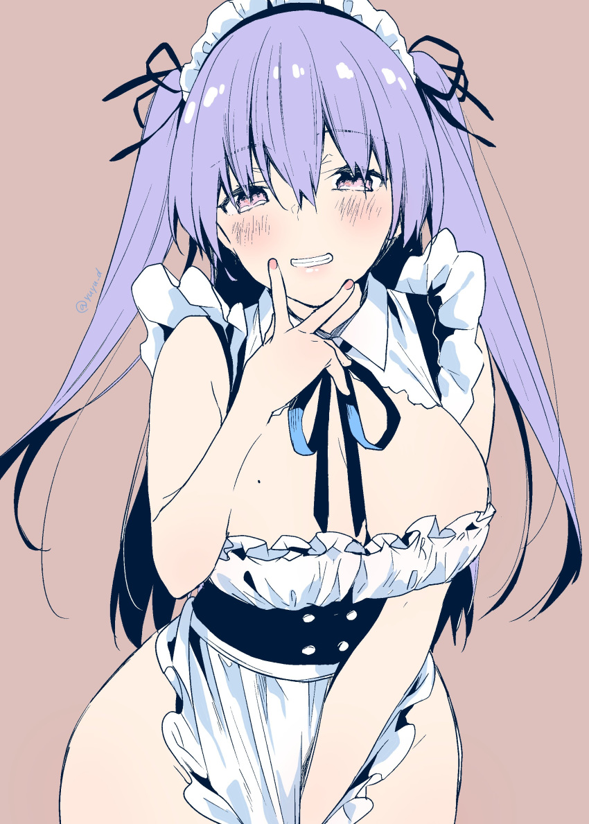 1girl absurdres apron between_legs black_neckwear blush breasts cleavage cowboy_shot eyebrows_visible_through_hair grin hair_between_eyes hand_between_legs highres large_breasts long_hair looking_at_viewer maid maid_apron maid_headdress mole mole_on_breast neck_ribbon original purple_background purple_eyes purple_hair ribbon simple_background sleeveless smile solo thighs twintails twitter_username v v_over_mouth yu_yu