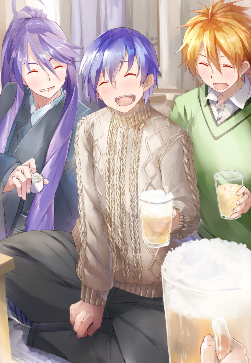 3boys ahoge alcohol beer beer_mug blonde_hair blue_hair closed_eyes commentary_request crossed_legs cup daidou_(demitasse) facing_viewer green_sweater grin highres holding holding_cup indian_style japanese_clothes kaito kamui_gakupo long_hair male_focus minase_kou multiple_boys open_mouth ponytail pov pov_hands purple_hair sake sitting smile sweater turtleneck turtleneck_sweater very_long_hair vocaloid voiceroid