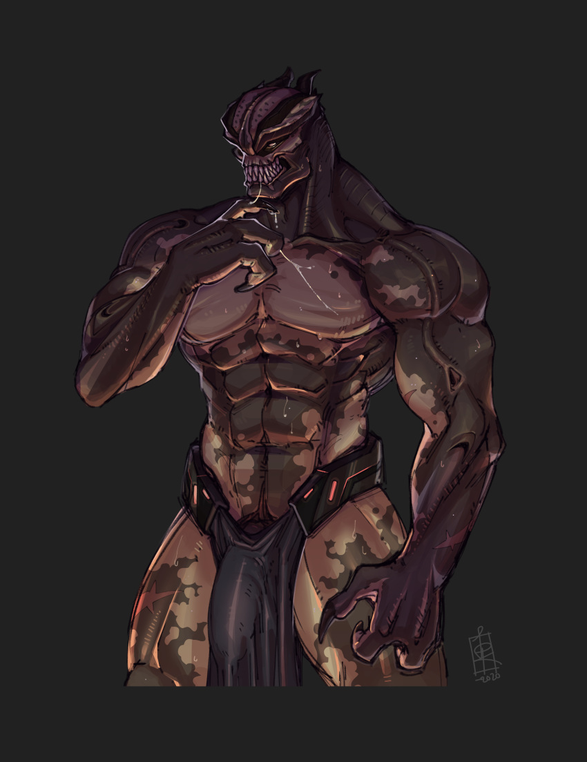 abs absurd_res alien big_penis bodily_fluids clothed clothing drooling duke_nukem flaccid genitals grin hi_res loincloth luluthir male mottled mottled_body mottled_skin muscular partially_clothed penis saliva smile solo standing teeth video_games