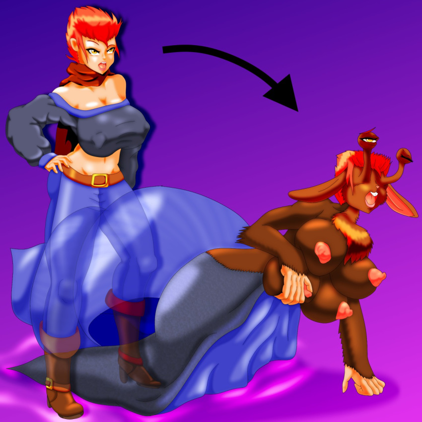 1:1 4_breasts anthro ape before_and_after boots breasts brown_body brown_fur clothing eyestalks female footwear fur gastropod hand_on_breast haplorhine hi_res human human_to_anthro hybrid lagomorph leporid mammal mankor mollusk multi_breast multi_breast_growth nipple_outline nipples nude primate rabbit scarf simple_background snail solo species_transformation transformation what