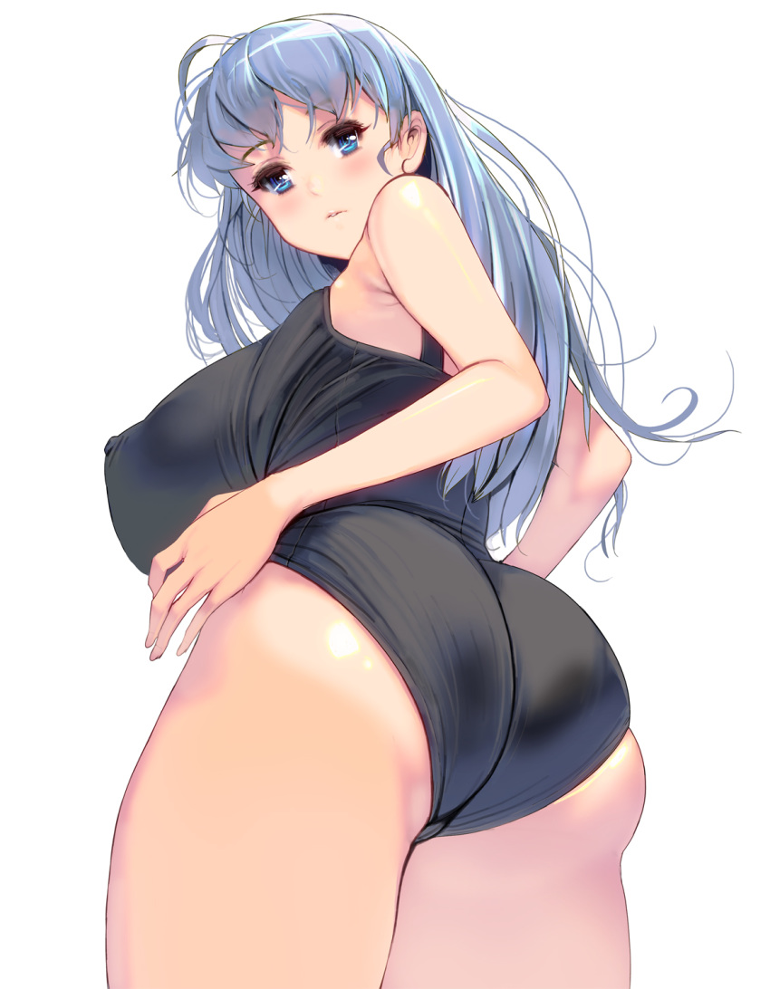 1girl ass bangs bare_shoulders blue_eyes blue_hair blush breasts covered_nipples highres huge_breasts long_hair looking_at_viewer looking_back looking_down masao one-piece_swimsuit one-piece_tan original parted_lips revision school_swimsuit simple_background solo swimsuit tan tanline thighs white_background