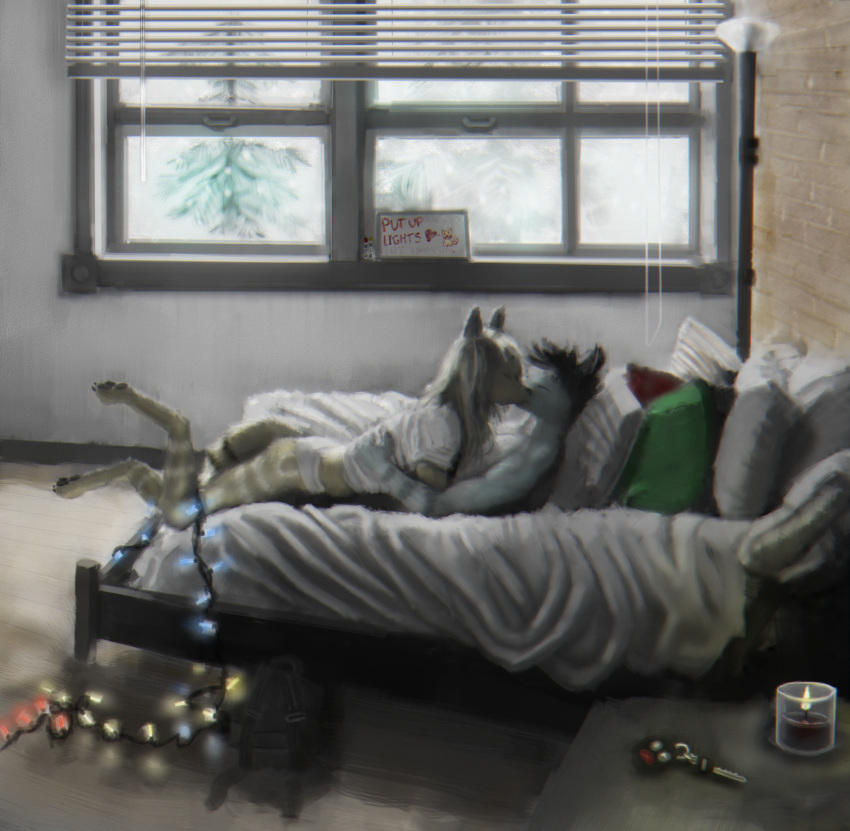 backpack bed bedroom blinds brick_wall candle christmas_lights couple_(disambiguation) cuddling day female furniture hi_res interior keys kissing lamp lying male marker pillow pine_trees raivn_anarki romantic_ambiance snow snowing whiteboard window winter writing_(disambiguation)