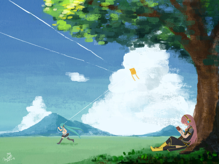 2girls aqua_hair aqua_neckwear bare_shoulders black_legwear black_shirt black_skirt blue_sky book cloud commentary day field grey_shirt hair_ornament hatsune_miku headphones highres holding holding_book kite kite_flying long_hair megurine_luka mountain mountainous_horizon multiple_girls necktie niidonroad outdoors pink_hair reading running scenery shirt short_sleeves side_slit sitting skirt sky sleeveless sleeveless_shirt thighhighs tree twintails very_long_hair vocaloid yellow_footwear zettai_ryouiki