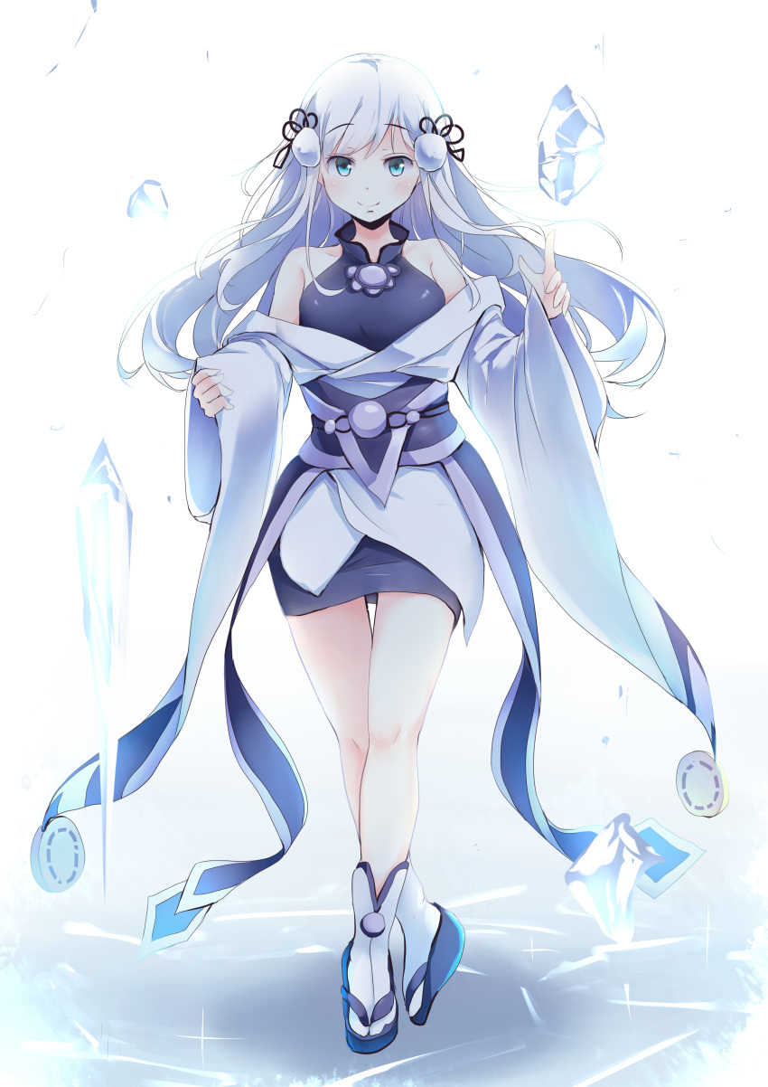 1girl absurdres blue_eyes blush breasts closed_mouth commentary_request duel_monster eyebrows_visible_through_hair full_body highres kanzakietc long_hair looking_at_viewer medium_breasts sandals smile socks solo very_long_hair white_hair white_legwear yuki-onna_the_ice_mayakashi yuu-gi-ou