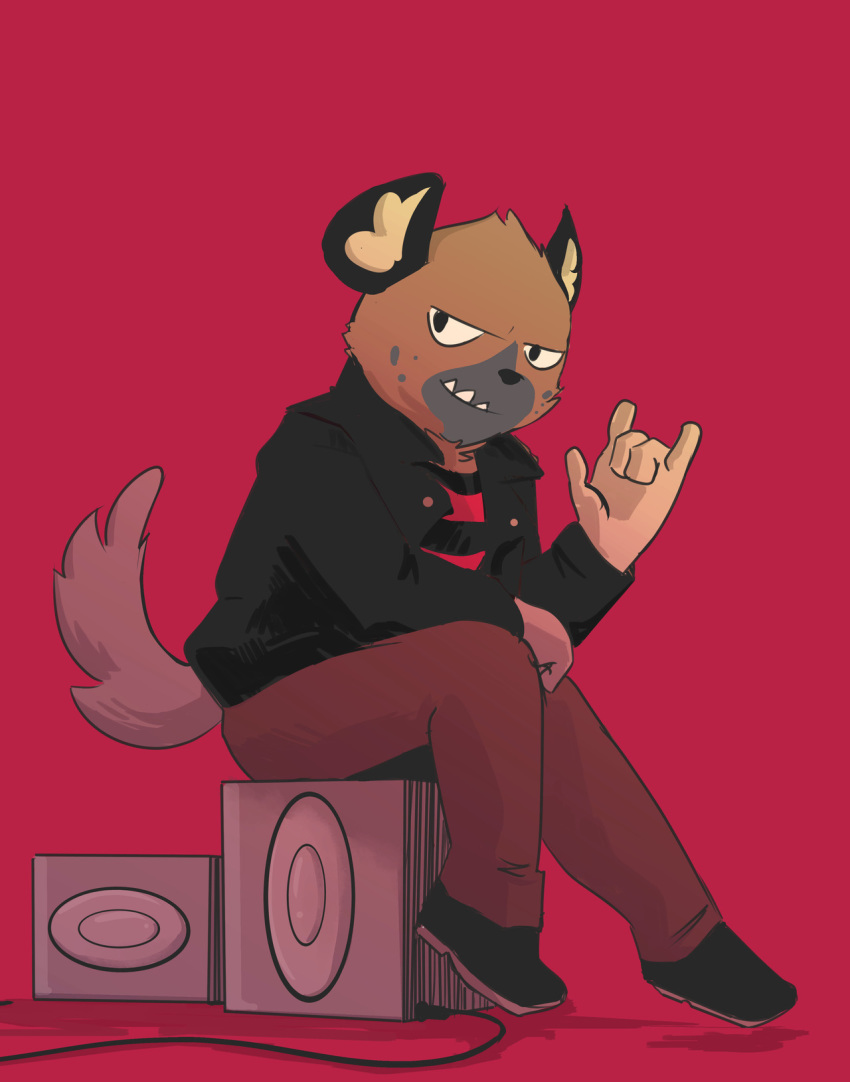 2019 aggressive_retsuko anthro black_nose bottomwear clothing haida hyaenid ink_pocket invalid_tag jacket looking_at_viewer male mammal netflix pants red_background sanrio simple_background solo stereo teeth topwear