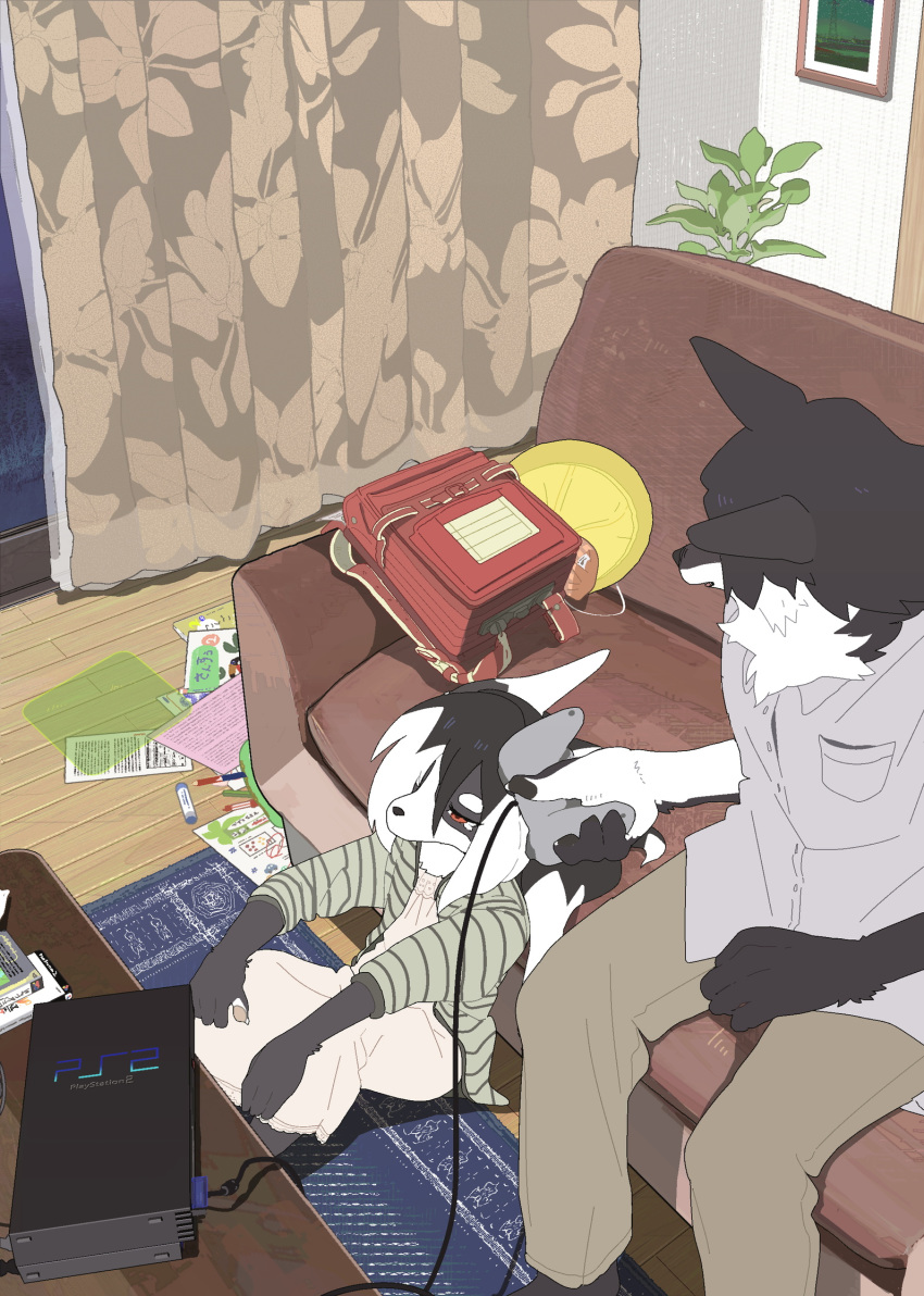 4_fingers age_difference anthro backpack black_body black_fur black_hair bodily_fluids bottomwear canid canine canis clothed clothing controller countershading daughter detailed_background dipstick_ears domestic_dog dress dress_shirt duo father father_and_child father_and_daughter female fingers fully_clothed fur furniture game_console game_controller hair hair_over_eye hi_res high-angle_view holding_controller holding_game_controller holding_object homework inside kemono long_hair looking_at_another male mammal multicolored_ears neck_tuft older_male one_eye_obstructed painting pants paper parent parent_and_child pawpads plant playstation playstation_2 playstation_controller ps2_console red_eyes sad shirt sitting sofa sony_corporation sony_interactive_entertainment table taracod tears topwear tuft video_games white_body white_countershading white_fur white_hair window young younger_female
