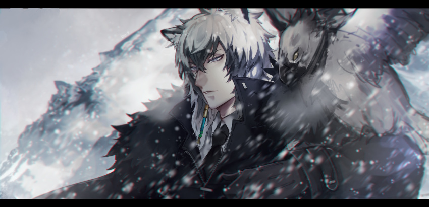 1boy animal_ears animal_on_arm arknights bangs bird bird_on_arm black_border black_gloves black_neckwear border botto collar fur_collar fur_trim gloves grey_hair high_collar long_sleeves looking_to_the_side male_focus medium_hair necktie outdoors panther_ears parted_lips shirt silver_eyes silverash_(arknights) snowing solo upper_body white_shirt winter winter_clothes