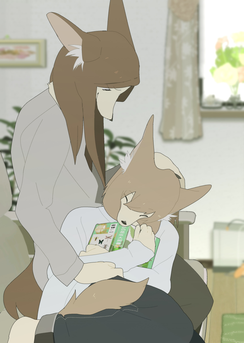 anthro blurred_background book bottomwear brown_hair canid canine chair clothed clothing daughter detailed_background duo female fennec fox fully_clothed fur furniture hair head_on_lap head_pat hi_res inner_ear_fluff inside kemono long_hair looking_at_another mammal mother mother_and_child mother_and_daughter on_lap painting pants parent parent_and_child shirt sitting sleeping tan_body tan_fur taracod topwear tuft window