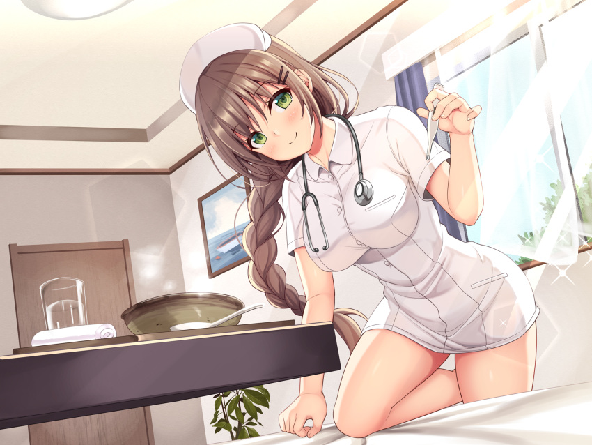 bed blush braids green_eyes long_hair nurse original ponytail utsurogi_akira