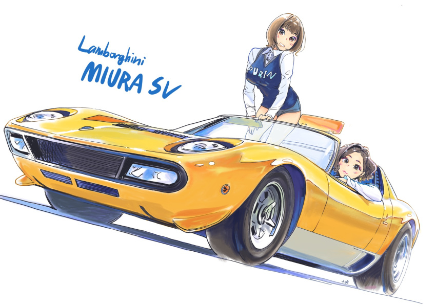 2girls brown_eyes brown_hair car carina_(xiaowoo) ishikawa_purin kishi_mieko onna_shunin_kishi_mieko short_hair shorts