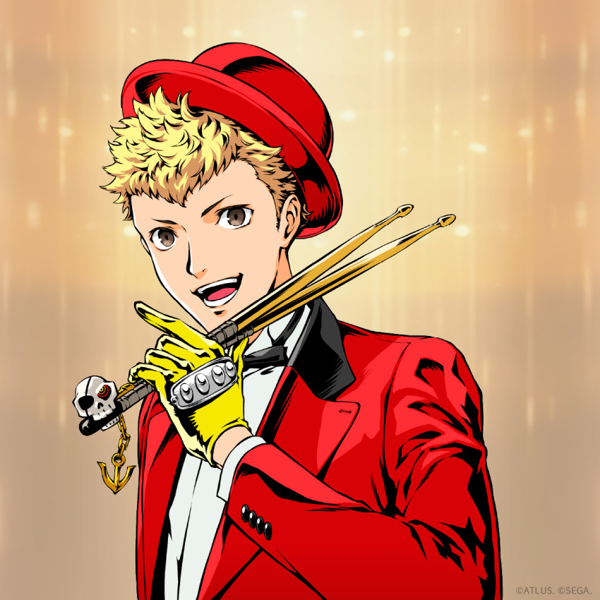 1boy alternate_costume anchor_ornament black_bow black_bowtie blonde_hair bow bowtie brass_knuckles brown_eyes commentary_request copyright_notice drumsticks formal_clothes gloves hat highres holding holding_drumsticks jacket looking_at_viewer official_alternate_costume open_mouth persona persona_5 red_hat red_jacket saitou_rokuro sakamoto_ryuji shirt short_hair skull_ornament solo traditional_bowtie upper_body weapon white_shirt yellow_background yellow_gloves