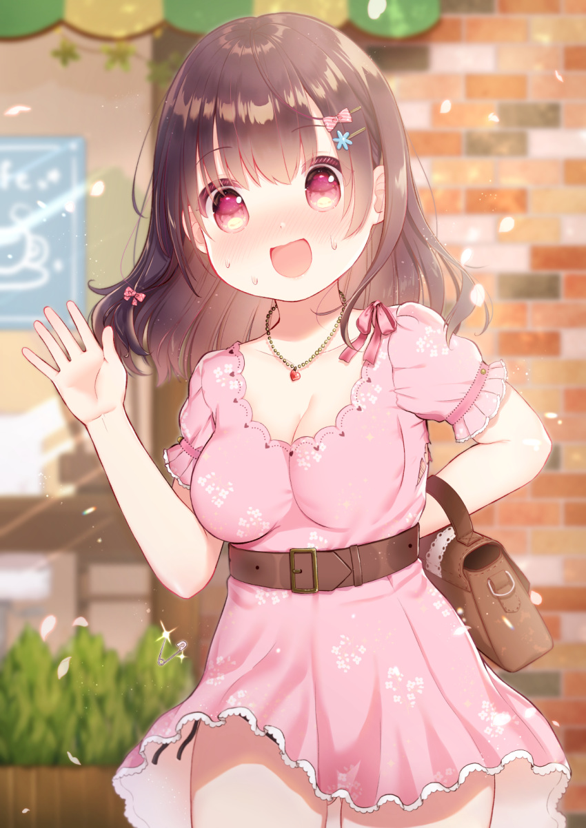 1girl aizawa85 bangs blush breasts brown_bag brown_hair cleavage collarbone commentary_request dress eyebrows_visible_through_hair highres jewelry large_breasts long_hair necklace open_mouth original pink_dress short_sleeves solo