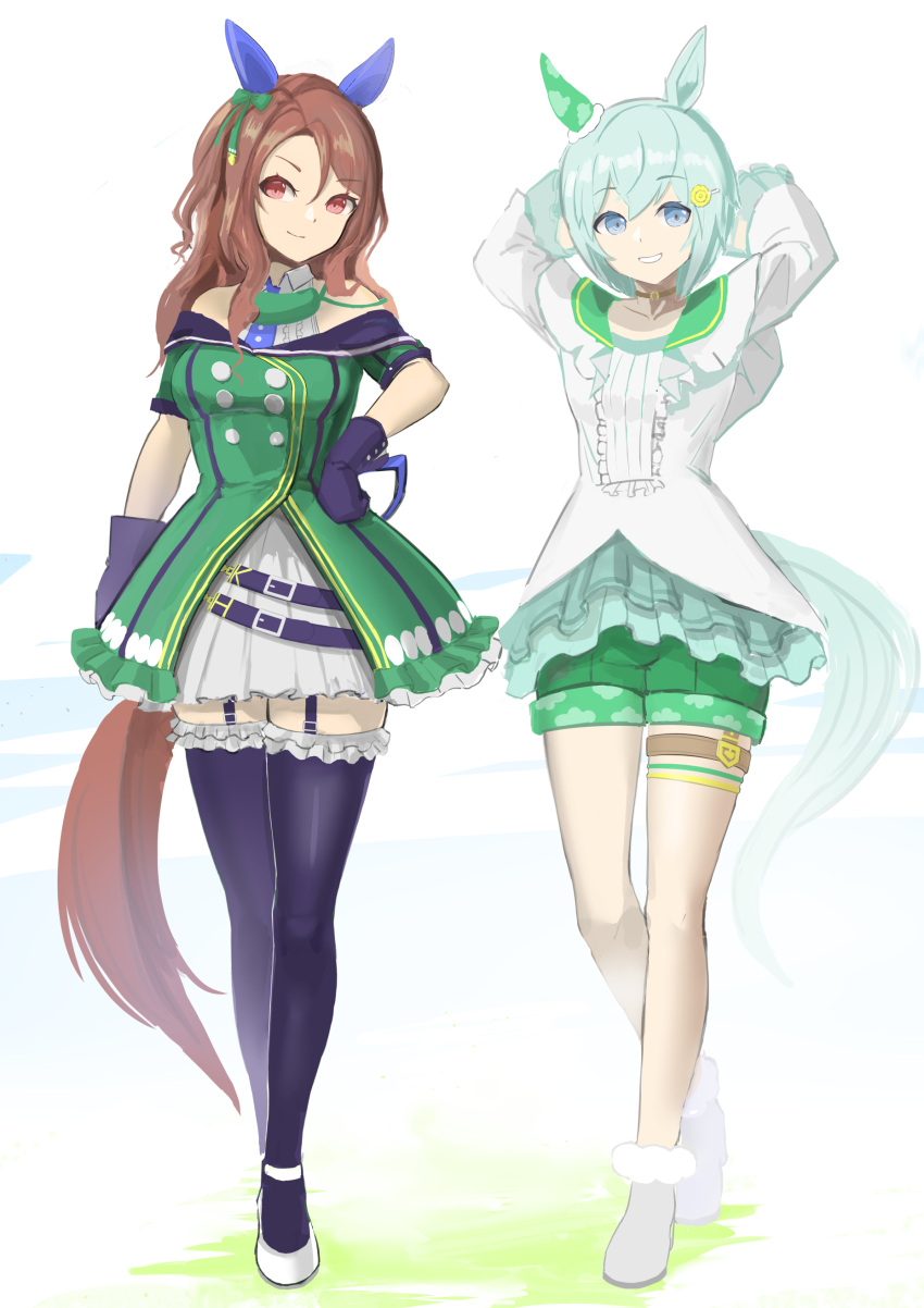 2girls absurdres animal_ears arms_behind_head bare_shoulders black_gloves black_thighhighs blue_eyes bow breasts brown_choker brown_hair buttons choker closed_mouth coat commentary_request double-breasted dress ear_bow ear_covers ear_ribbon flower frilled_thighhighs frills gloves green_bow green_dress green_sailor_collar green_shorts grey_hair hair_between_eyes hair_flower hair_ornament hairclip highres horse_ears horse_girl horse_tail king_halo_(king_of_emeralds)_(umamusume) king_halo_(umamusume) kyuusanshiki layered_shirt long_hair long_sleeves looking_at_viewer medium_breasts multiple_girls off-shoulder_coat off-shoulder_dress off_shoulder open_mouth red_eyes sailor_collar seiun_sky_(reeling_in_the_big_one)_(umamusume) seiun_sky_(umamusume) shirt shoes short_hair shorts single_ear_cover small_breasts smile sunflower sunflower_hair_ornament tail teeth thighhighs umamusume white_thighhighs