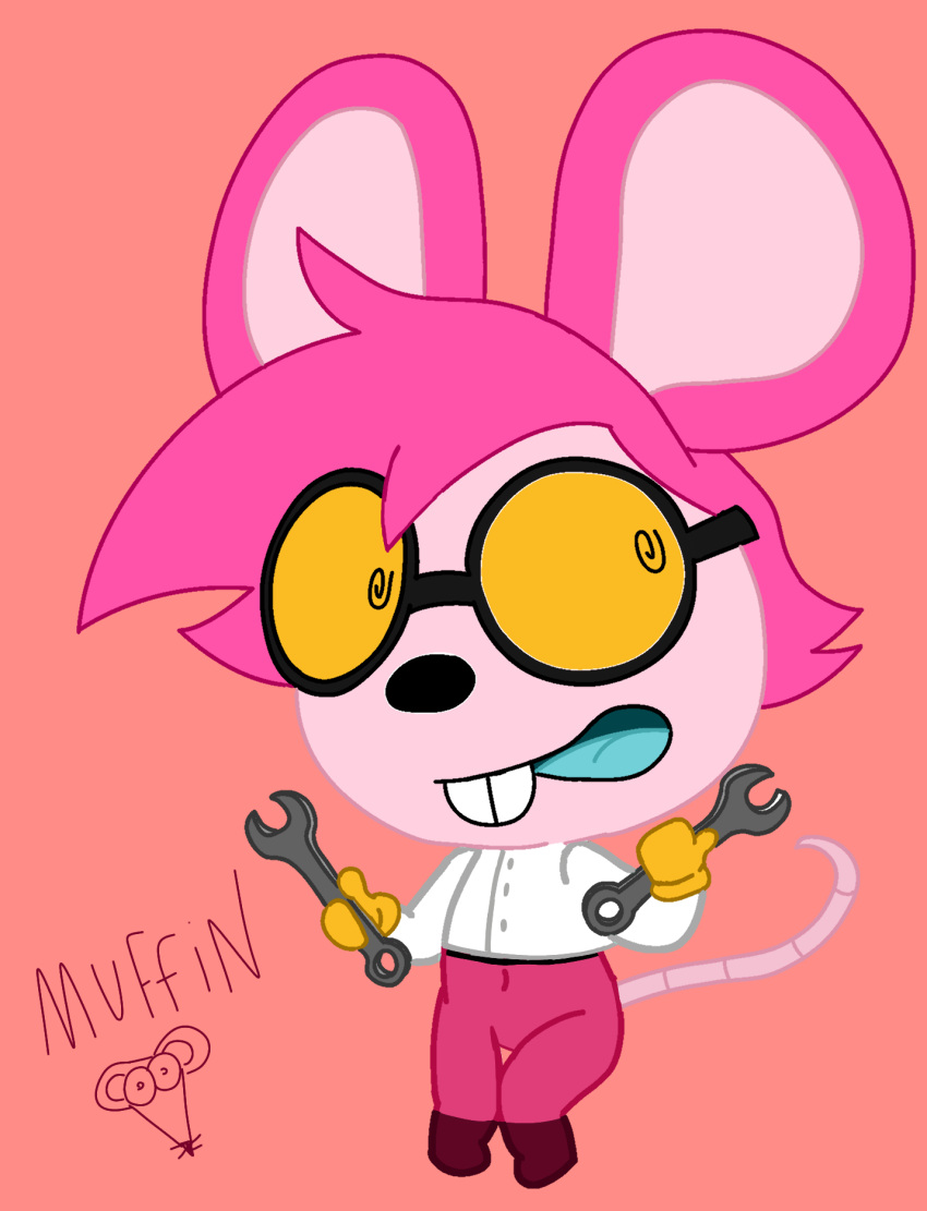 anthro boots clothing coat eyewear female footwear fur glasses gloves goommymuffin handwear hi_res lab_coat long_teeth mammal muffin_(goommymuffin) murid murine open_mouth pink_body pink_fur rob-posa rodent shoes solo tools topwear wearing_glasses wrench