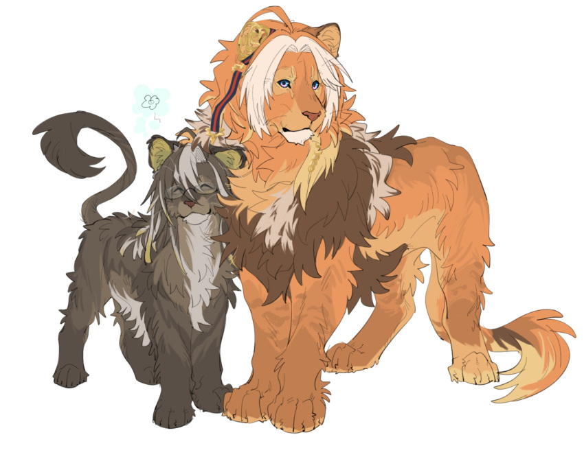 ^_^ aaasakawa animal_focus animal_with_hair animalization blue_eyes brown_fur closed_eyes closed_mouth colored_inner_animal_ears commentary dream_journey_(umamusume) ear_covers ear_ribbon full_body glasses highres lion looking_at_viewer no_humans orange_fur orfevre_(umamusume) recursive_animalization red_ribbon ribbon siblings simple_background single_ear_cover smile umamusume untranslatable_commentary white_background
