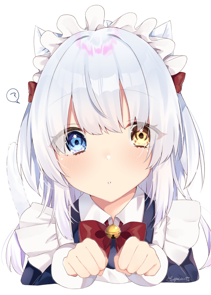 1girl :o ? abe_suke absurdres animal_ears apron bangs bell blue_dress blue_eyes bow cat_ears cat_girl cat_tail collared_dress commentary_request cropped_torso dress eyebrows_visible_through_hair frilled_apron frills hair_between_eyes hair_bow heterochromia highres jingle_bell long_hair long_sleeves looking_at_viewer maid original parted_lips red_bow signature silver_hair simple_background solo spoken_question_mark tail tail_raised two_side_up upper_body white_apron white_background yellow_eyes