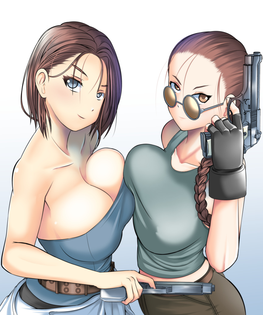 2girls absurdres bare_shoulders blue_eyes breast_press breasts brown_eyes brown_hair cleavage clothes_around_waist crossover finger_on_trigger fingerless_gloves forehead gloves gun handgun highres holding holding_gun holding_weapon jill_valentine lara_croft large_breasts long_hair looking_at_viewer mikado_ryouma multiple_girls pistol ponytail resident_evil round_eyewear short_hair strapless sunglasses sweater_around_waist symmetrical_docking tank_top tomb_raider unaligned_breasts weapon