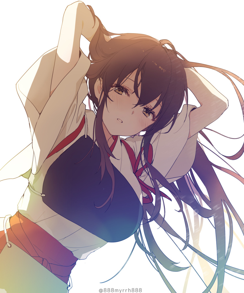 1girl 888myrrh888 adjusting_hair akagi_(kantai_collection) arms_behind_head blush brown_eyes brown_hair hair_between_eyes hakama hakama_skirt highres japanese_clothes kantai_collection long_hair looking_at_viewer muneate red_hakama simple_background solo tasuki twitter_username white_background