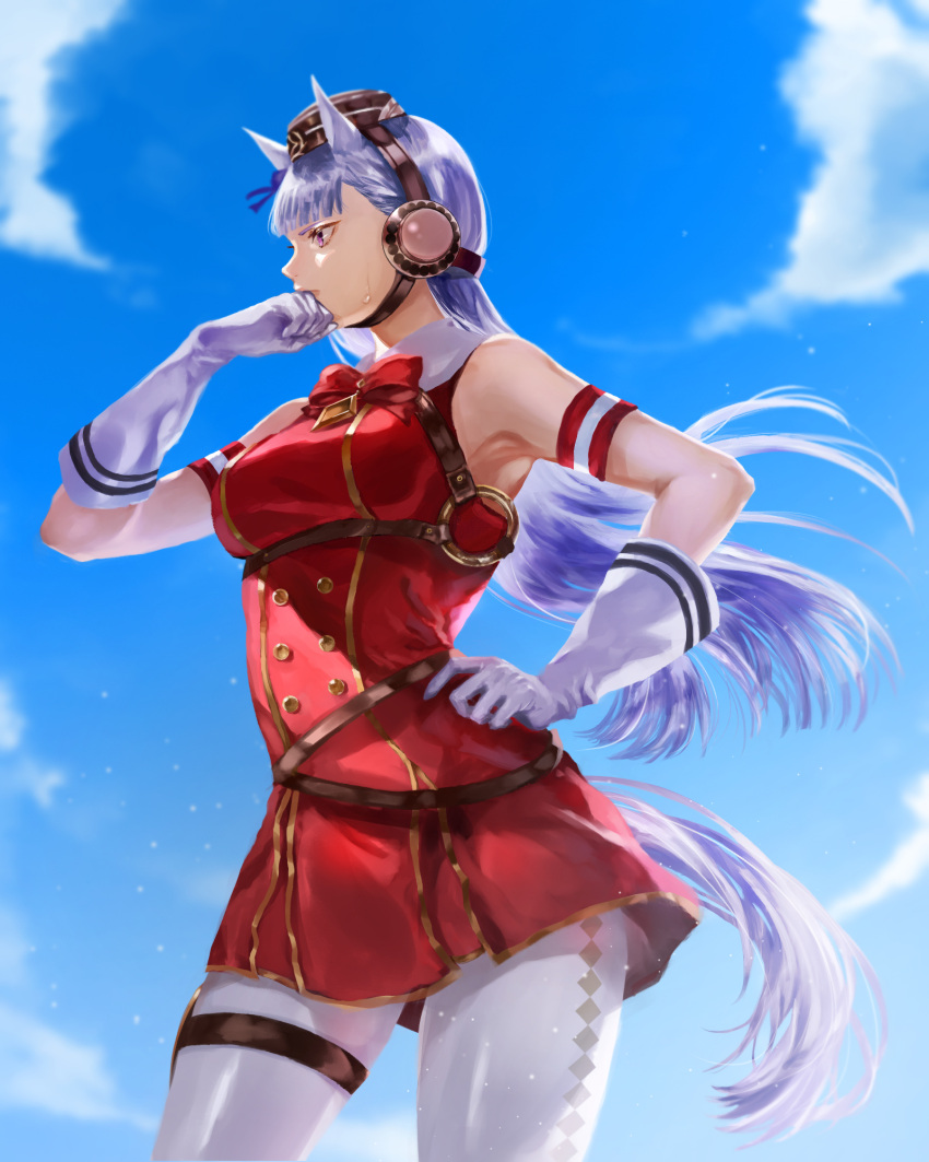 1girl animal_ears armband armpits bare_shoulders blue_sky blunt_bangs bow bowtie breasts brown_hat closed_mouth cloud commentary_request dress ear_bow ear_ribbon gloves gold_ship_(red_strife)_(umamusume) gold_ship_(umamusume) grey_hair hand_on_own_hip hat highres horse_ears horse_girl horse_tail long_hair medium_breasts pantyhose pillbox_hat purple_eyes red_bow red_dress shiro_saki sky sleeveless sleeveless_dress solo striped_armband striped_clothes sweat tail thigh_strap umamusume white_gloves white_pantyhose