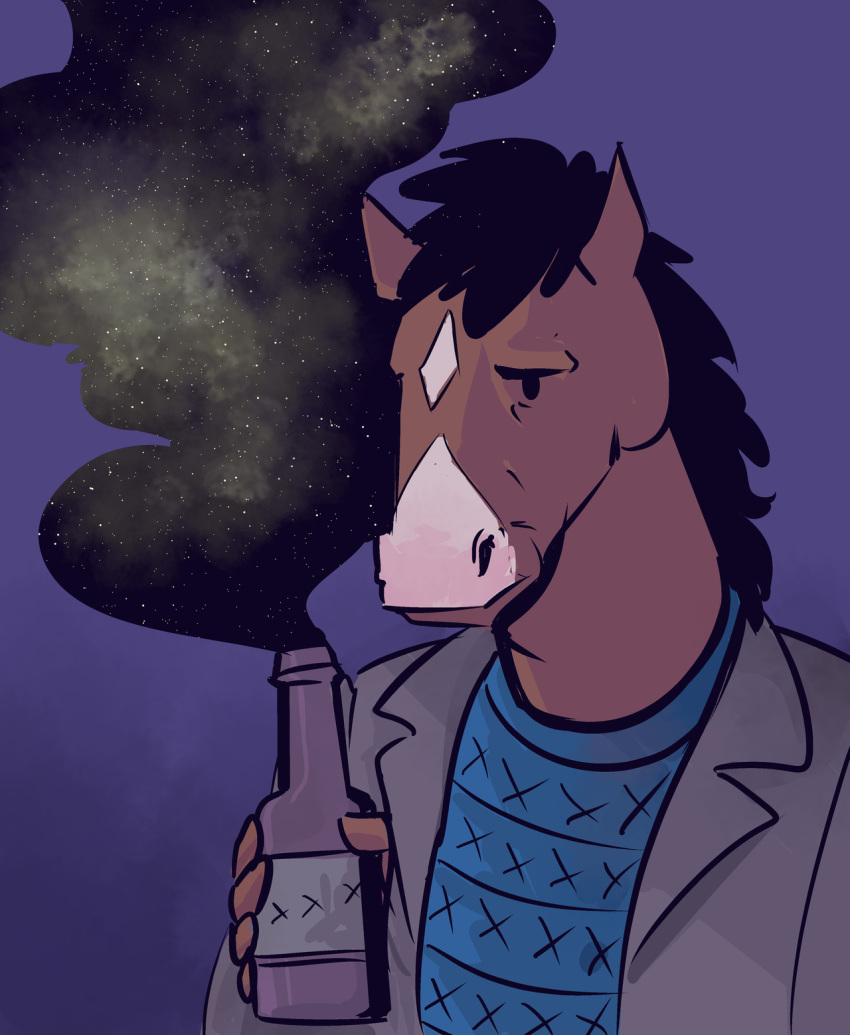 2019 alcohol anthro beer beverage black_mane bojack_horseman bojack_horseman_(character) bottle clothing diamond_(marking) equid equine facial_markings head_markings horse ink_pocket jacket male mammal mane markings netflix solo star sweater topwear