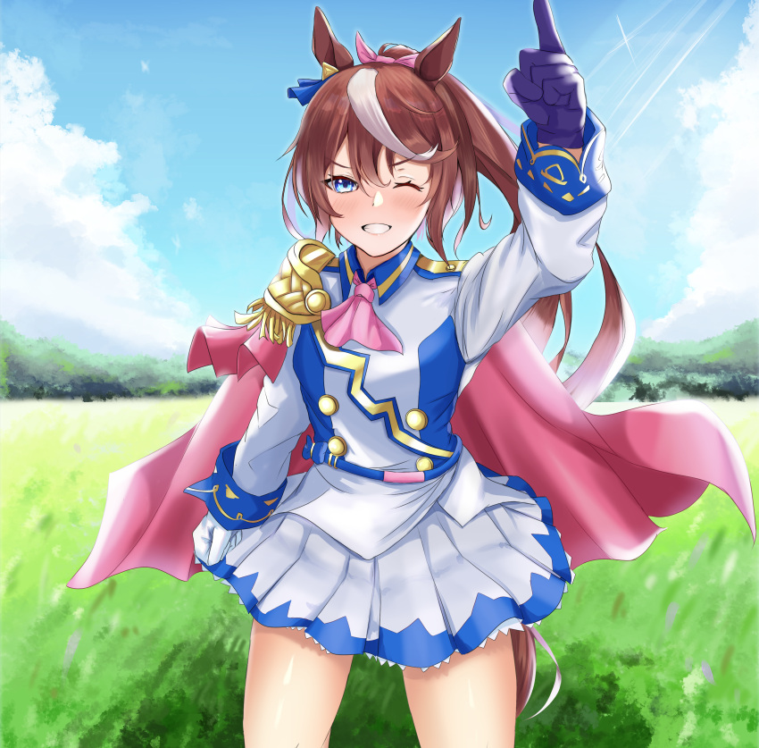 1girl absurdres animal_ears ascot asymmetrical_gloves blue_eyes blue_gloves blue_sky blush breasts brown_hair buttons cape cloud commentary_request day double-breasted ear_ribbon epaulettes gloves grass hair_between_eyes high_ponytail highres horse_ears horse_girl horse_tail jacket long_hair long_sleeves looking_at_viewer mismatched_gloves multicolored_hair multicolored_jacket one_eye_closed open_mouth outdoors pink_ascot pink_cape ponytail single_epaulette single_hair_streak skirt sky small_breasts solo streaked_hair tail taishi_karibe teeth tokai_teio_(peak_joy)_(umamusume) tokai_teio_(umamusume) two-tone_hair two-tone_jacket two-tone_skirt umamusume white_gloves white_hair white_jacket white_skirt white_streaks