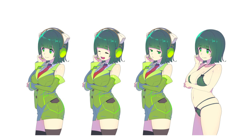 1girl :d bangs bare_shoulders black_legwear blunt_bangs bra breasts cat_ear_headphones closed_eyes closed_mouth collared_shirt contrapposto copyright_request detached_sleeves eyebrows_visible_through_hair green_bra green_eyes green_hair green_jacket green_panties green_skirt headphones highres jacket large_breasts long_scarf looking_away microphone multiple_views nagisa_kurousagi necktie open_mouth panties pencil_skirt red_neckwear shirt short_hair simple_background skirt sleeveless sleeveless_jacket sleeveless_shirt smile standing sweatdrop thighhighs underwear underwear_only white_background white_shirt wing_collar zettai_ryouiki