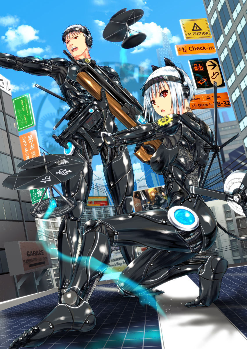1boy 1girl absurdres ano_hito barcode_tattoo building city commentary_request cyborg drone gun headset highres looking_at_viewer original red_eyes rifle robot_joints science_fiction scope shiny short_hair sign skyscraper submachine_gun tattoo tree_of_life upper_teeth weapon weapon_request white_hair