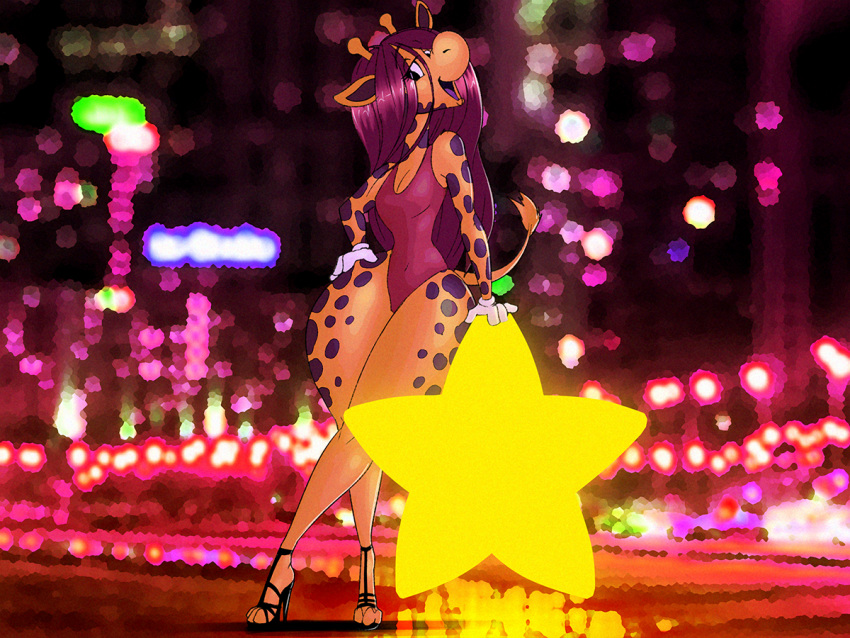 2019 4:3 anthro biped breasts city clothed clothing digital_media_(artwork) dracojeff female footwear geoffrey_the_giraffe giraffe giraffid gloves hair handwear high_heels leotard long_hair looking_at_viewer mammal mascot shoes smile solo spots star thick_thighs toys_"r"_us white_clothing white_gloves wide_hips