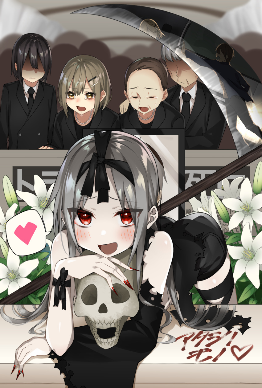 3boys 3girls accident angry bare_shoulders black_hair black_ribbon commentary_request crying crying_with_eyes_open death_(entity) dress fingernails formal funeral funeral_dress gothic_lolita grey_hair grim_reaper ground_vehicle hair_ornament hairclip heart highres holding holding_scythe holding_weapon itame_moyashi lolita_fashion motor_vehicle multiple_boys multiple_girls old_man old_woman original red_eyes red_nails ribbon scythe sharp_fingernails shinigami skull suit tears truck weapon