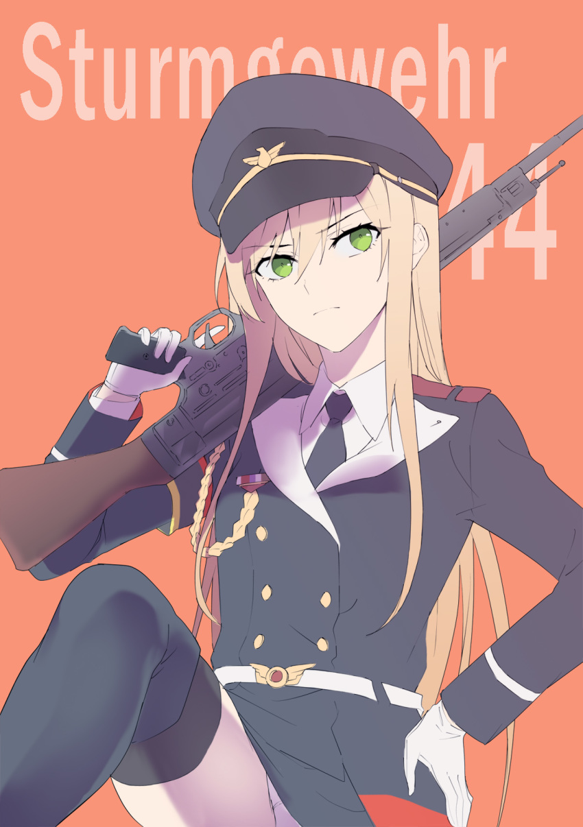 1girl assault_rifle blonde_hair girls_frontline gloves green_eyes gun hat highres long_hair looking_away military military_hat military_jacket military_uniform over_shoulder panties pantyshot rifle simple_background solo stg44 stg44_(girls_frontline) suprii underwear uniform weapon weapon_over_shoulder white_gloves