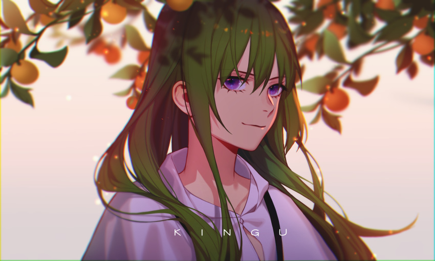 1boy androgynous character_name fate/grand_order fate_(series) food fruit green_hair highres jesse_(pixiv34586727) kingu_(fate) long_hair looking_at_viewer male_focus purple_eyes robe smile solo upper_body very_long_hair white_robe