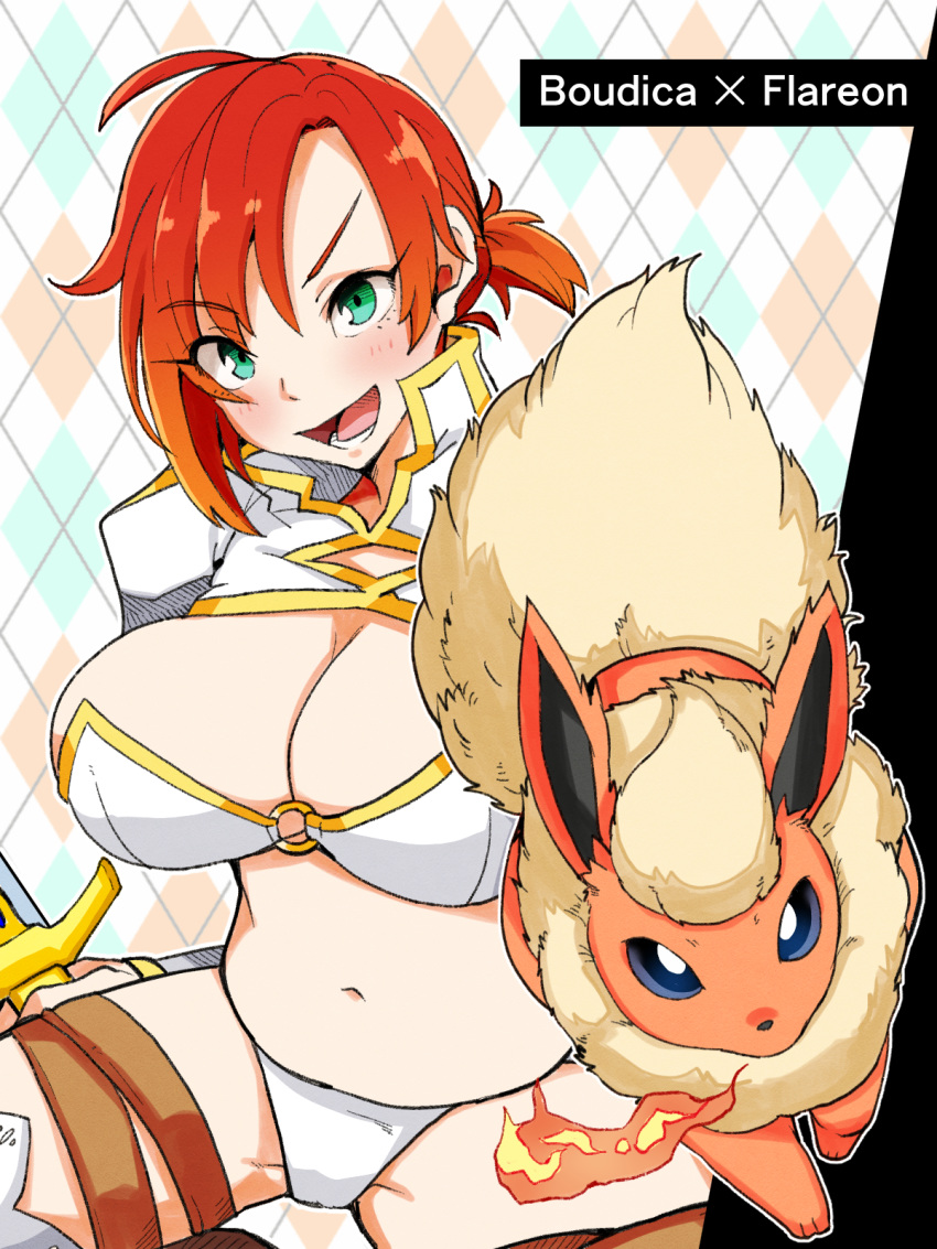 1girl 41_(taskmaster41) boudica_(fate/grand_order) breasts brown_legwear character_name cleavage fate/grand_order fate_(series) fire flareon green_eyes highres large_breasts midriff navel o-ring pokemon ponytail red_hair short_hair smile sword thick_thighs thighhighs thighs weapon