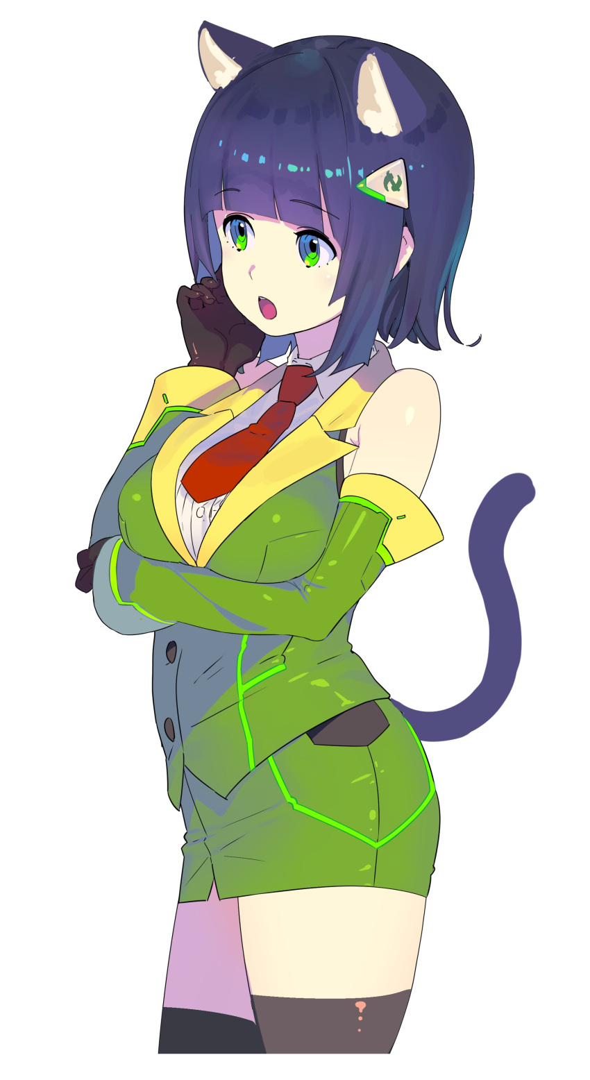 1girl absurdres animal_ears bare_shoulders black_gloves black_legwear breasts cat cat_ears collared_shirt contrapposto cropped_legs detached_sleeves eyebrows_visible_through_hair gloves green_eyes green_jacket green_skirt highres jacket kyoumachi_seika large_breasts long_sleeves miniskirt nagisa_kurousagi necktie open_mouth pencil_skirt purple_hair red_neckwear shirt short_hair simple_background skirt sleeveless sleeveless_jacket sleeveless_shirt solo standing thighhighs voiceroid white_background wing_collar