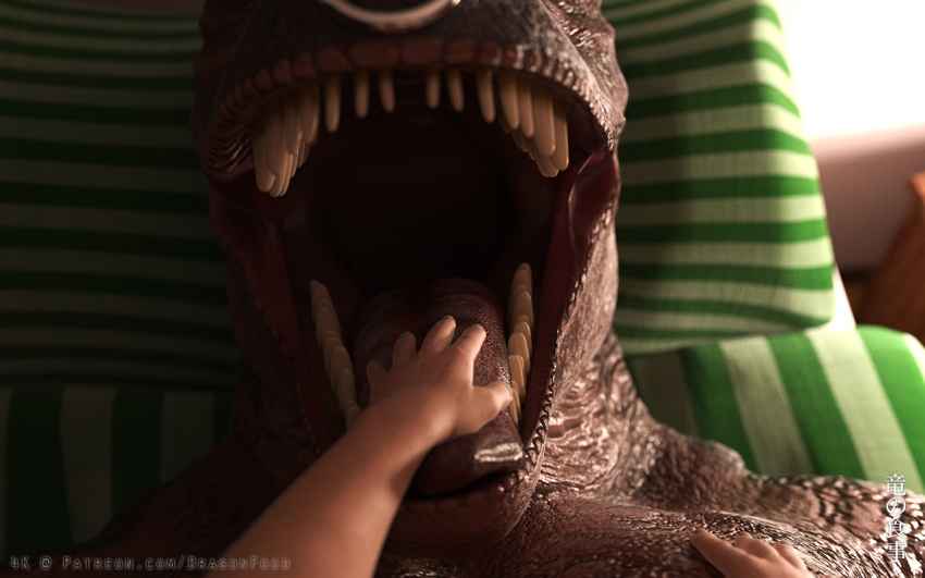 16:10 3d_(artwork) digital_media_(artwork) dinosaur dragonfood facial_piercing first_person_view human mammal mouth_shot nose_piercing open_mouth piercing reptile scalie theropod tongue tyrannosaurid tyrannosaurus tyrannosaurus_rex vore