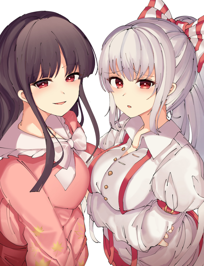 2girls arm_belt arm_under_breasts bangs black_hair bow breasts bright_pupils commentary_request eyebrows_visible_through_hair fujiwara_no_mokou hair_bow highres houraisan_kaguya kozomedzuki large_breasts long_hair long_sleeves looking_at_viewer multiple_girls parted_lips pink_shirt ponytail red_eyes red_skirt shirt sidelocks silver_hair simple_background skirt standing suspenders touhou upper_body very_long_hair white_background white_pupils white_shirt