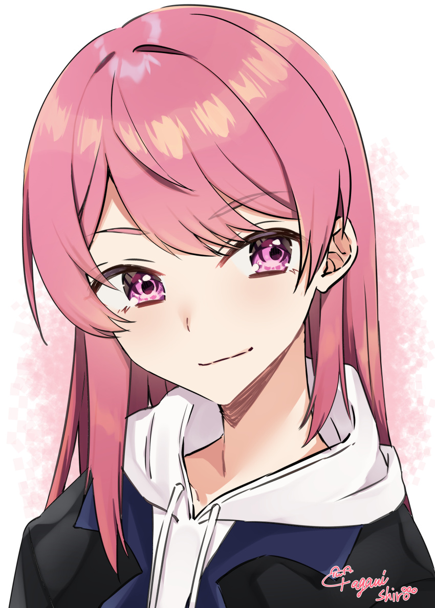 1girl abe_suke absurdres bangs black_jacket closed_mouth copyright_request drawstring eyebrows_visible_through_hair highres hood hood_down hoodie jacket long_hair looking_at_viewer open_clothes open_jacket pink_hair purple_eyes signature smile solo upper_body virtual_youtuber white_hoodie