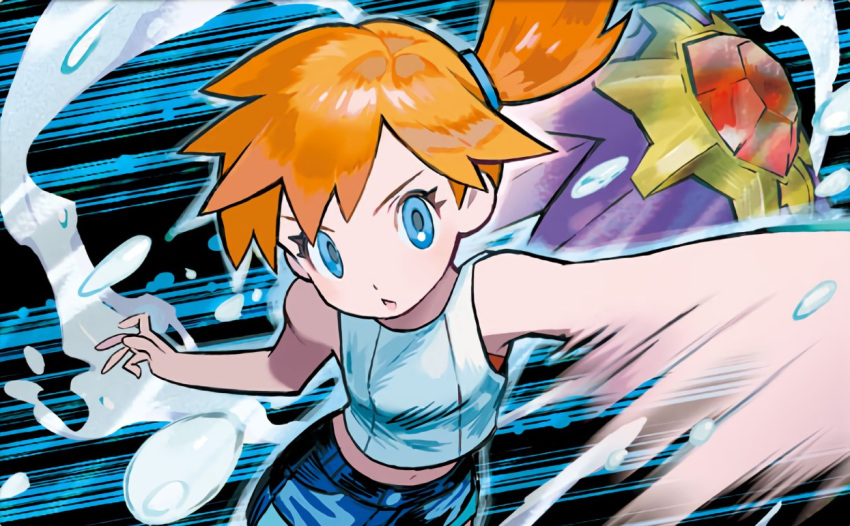 1girl blue_eyes blue_shorts breasts creature denim denim_shorts diagonal-striped_background diagonal_stripes eyelashes gen_1_pokemon kasumi_(pokemon) looking_at_viewer midriff navel official_art orange_hair pokemon pokemon_(creature) pokemon_(game) pokemon_lgpe pokemon_trading_card_game shirt short_hair shorts side_ponytail sleeveless sleeveless_shirt small_breasts starmie striped striped_background tied_hair tokiya white_shirt