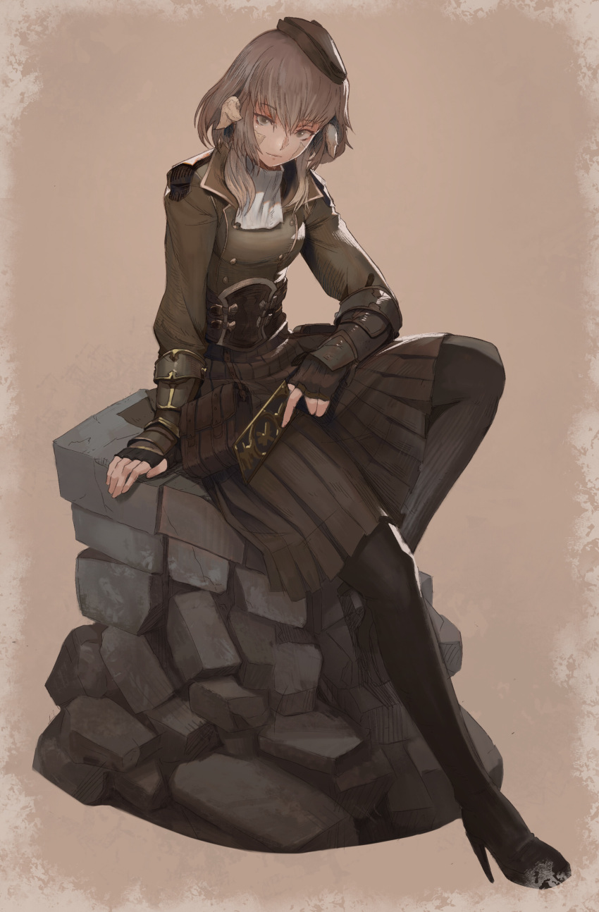 1girl absurdres au_ra boots brown_background brown_eyes brown_hair card dragon_horns dragon_tail eyebrows_visible_through_hair final_fantasy final_fantasy_xiv fingerless_gloves gloves hat high_heel_boots high_heels highres horns josh_corpuz looking_at_viewer medium_hair pleated_skirt scales sitting skirt solo tail thigh_boots thighhighs wrist_guards