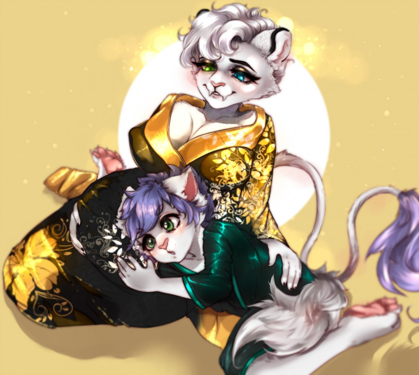 2018 anthro ari_(azra3l) belly big_belly big_breasts blue_eyes blue_hair breasts chest_tuft claws clothed clothing cub digital_media_(artwork) duo fangs feline female fur green_eyes hair heterochromia japanese_clothing kimono lion male mammal mature_woma meowowo mother mother_and_son parent pregnant saber_(firestorm3) silk silk_pajamas smile son teeth tuft voluptuous white_fur white_lion wide_hips young