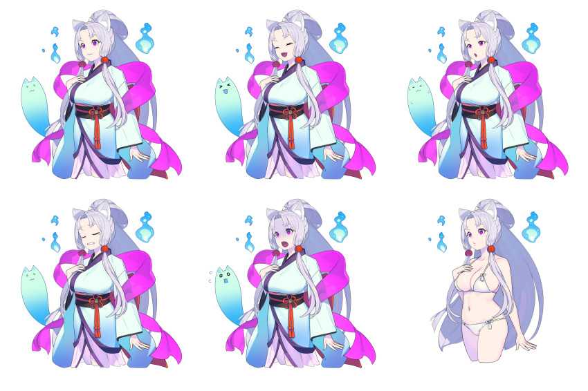 1girl :3 :d absurdres animal_ear_fluff animal_ears arm_at_side bangs bare_arms bare_shoulders bikini black_sash blue_fire blue_kimono breasts closed_eyes copyright_request cropped_legs fang fire flying_sweatdrops fox_ears ghost grey_hair hair_bobbles hair_ornament halterneck hand_on_own_chest hand_up highres japanese_clothes kimono large_breasts long_hair long_sleeves multiple_views nagisa_kurousagi navel obi open_mouth parted_bangs ponytail purple_eyes sash shaded_face shawl sidelocks simple_background smile standing swimsuit tassel tears turn_pale very_long_hair white_background white_bikini wide_sleeves