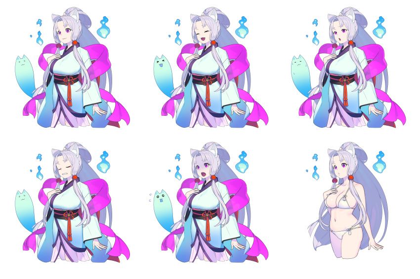 1girl :3 :d absurdres animal_ear_fluff animal_ears arm_at_side bare_arms bare_shoulders bikini black_sash blue_fire blue_kimono breasts closed_eyes cropped_legs enkyo_yuuichirou fang fire flying_sweatdrops fox_ears ghost grey_hair hair_bobbles hair_ornament halterneck hand_on_own_chest hand_up highres japanese_clothes kimono large_breasts long_hair long_sleeves multiple_views navel nhk_(voiceroid) obi open_mouth parted_bangs ponytail purple_eyes sash shaded_face shawl sidelocks simple_background smile standing swimsuit tassel tears touhoku_itako turn_pale very_long_hair voiceroid white_background white_bikini wide_sleeves