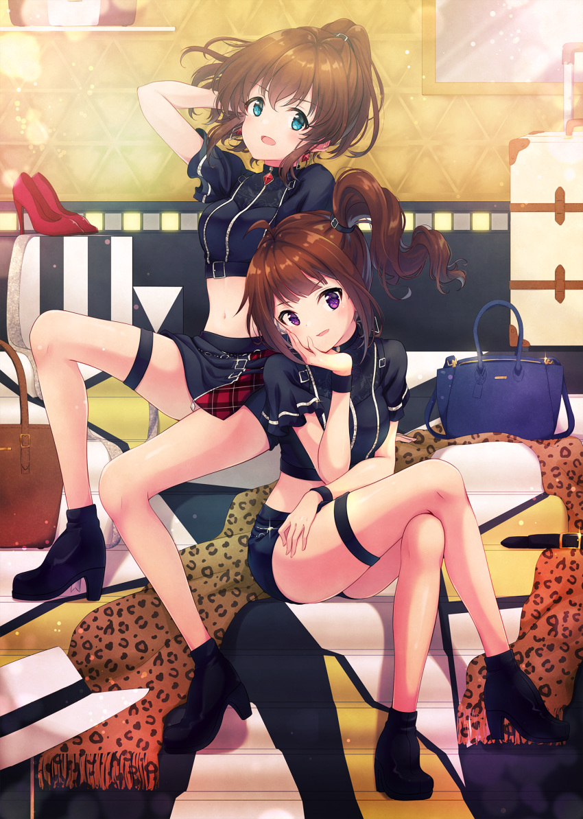 2girls ahoge alternate_costume ayumi_(as0206) bangs black_footwear blue_bag blue_eyes blush bow breasts brown_hair commentary_request drill_hair eyebrows_visible_through_hair hair_ornament highres idolmaster idolmaster_million_live! idolmaster_million_live!_theater_days jewelry long_hair looking_at_viewer medium_breasts multiple_girls navel open_mouth pencil_skirt ponytail purple_eyes red_footwear satake_minako shoes short_hair short_shorts shorts side_drill side_ponytail sitting skirt smile yokoyama_nao