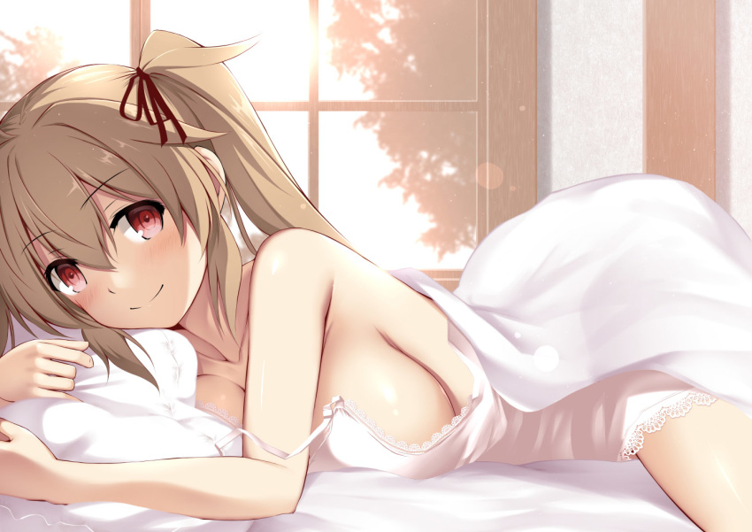 1girl bedroom blanket blush breasts hair_flaps hair_ornament hair_ribbon kantai_collection kuromayu large_breasts light_brown_hair long_hair looking_at_viewer lying murasame_(kantai_collection) on_stomach pillow red_eyes ribbon sleepwear smile twintails window