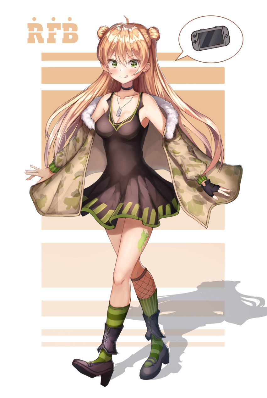 1girl absurdres ahoge bangs bare_shoulders black_choker black_dress black_footwear black_gloves blush breasts brown_hair camouflage_jacket choker cleavage collarbone commentary_request dog_tags double_bun dress eyebrows_visible_through_hair fingerless_gloves fur_trim girls_frontline gloves green_eyes hair_between_eyes highres jacket jewelry kneehighs long_hair looking_at_viewer necklace nintendo_switch off-shoulder_jacket rfb_(girls_frontline) shoes short_dress single_glove sleeveless smile solo striped striped_legwear tongue tongue_out wabbajack