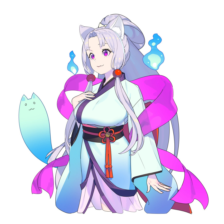 1girl :3 animal_ear_fluff animal_ears arm_at_side bangs black_sash blue_fire blue_kimono breasts copyright_request cropped_legs fire fox_ears ghost grey_hair hair_bobbles hair_ornament hand_on_own_chest hand_up highres japanese_clothes kimono large_breasts long_hair long_sleeves nagisa_kurousagi obi parted_bangs ponytail purple_eyes sash shawl sidelocks simple_background smile solo standing very_long_hair white_background wide_sleeves