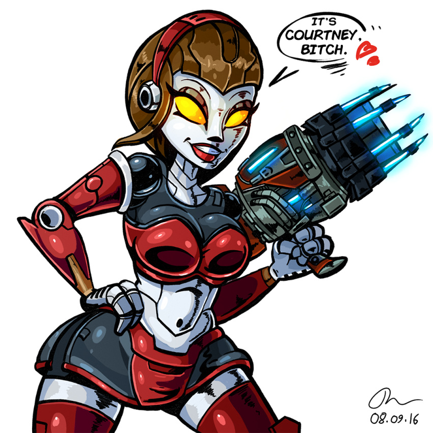 1:1 accessory bottomwear breasts brown_hair cleavage clothed clothing courtney_gears danny-jay female gun hair headband lipstick machine makeup navel no_pupils not_furry ranged_weapon ratchet_and_clank robot skirt smile video_games weapon white_body white_skin yellow_sclera